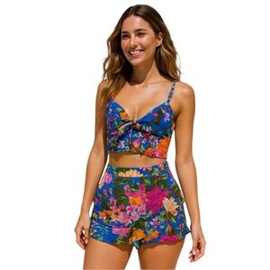 Band of Gypsies/Lottie & Holly 2 Piece Blue Tropical Floral Crop Top & Shorts XS